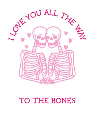 Two pink skeletons and an inscription about love. thumb