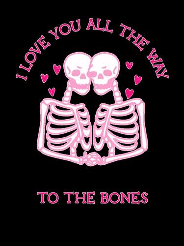 Two pink skeletons on a black background and an inscription. thumb