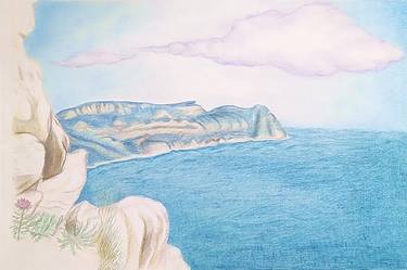 View of the sea, sky, mountains and wild herbs from the mountain cave. For PRINT ON CANVAS. thumb