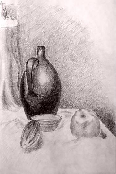 Still life with a jug for wine, draperies and fruits (drawing) in sepia color. For PRINT ON CANVAS. thumb