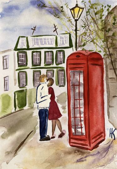 London Painting Couple Original Art Phone Cabin Watercolor thumb