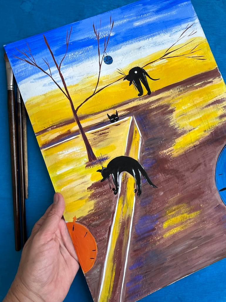 Original Surrealism Cats Painting by Halyna Kirichenko