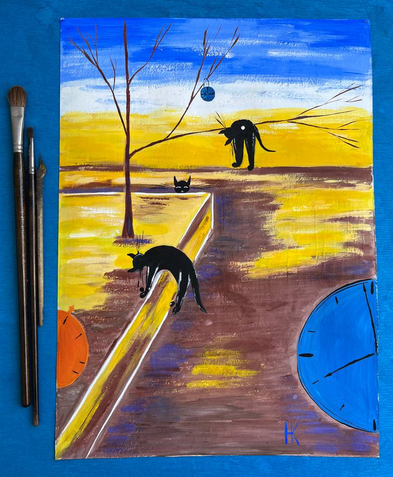 Original Surrealism Cats Painting by Halyna Kirichenko