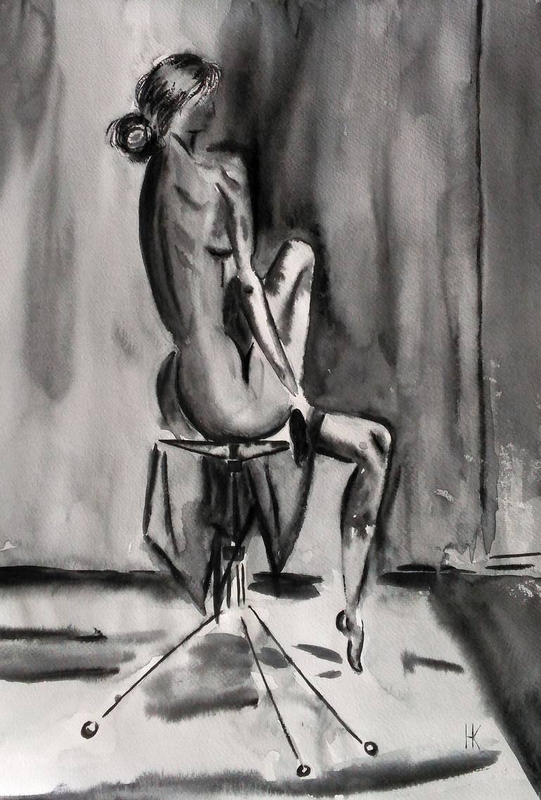 naked woman female nude original watercolor painting black monochrome  artPlay of shadows