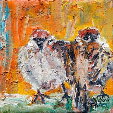 Sparrows on an orange background thumb