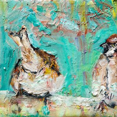 Sparrows on a turquoise background thumb