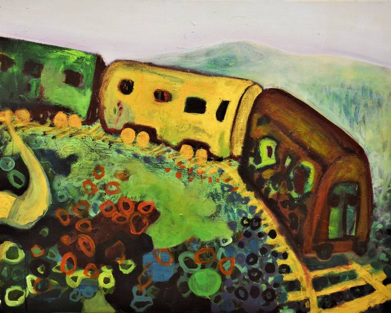 Original Train Painting by Andjela Djermanovic