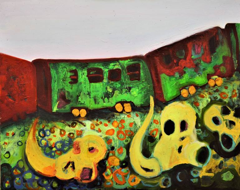 Original Train Painting by Andjela Djermanovic
