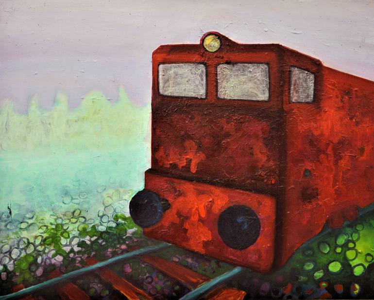 Original Train Painting by Andjela Djermanovic