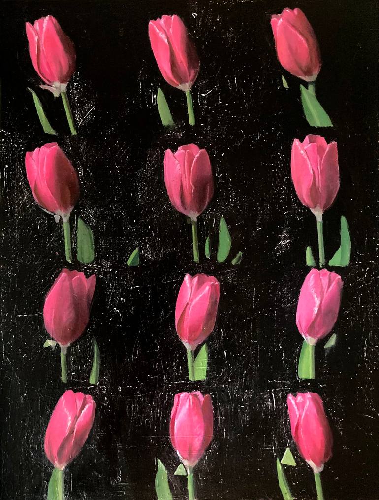 Original Floral Painting by Ian Costello | Realism Art on Canvas | One and 12 Tulips, Pink