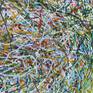 Just as a bird collects and interlocks the material debris of their environment to weave a nest, a painter plucks colors and layers them in brushstrokes until a satisfying composition is achieved.   I build my nest paintings line by swooping line until a warp and weft of hundreds of colored marks emerges, all threaded together in an endless dance on the canvas. 
I view all of my nest paintings as metaphors for a life lived; a life formed by a series of choices to go in one direction versus another.  A seemingly mundane choice in the present may end up having a momentous impact on the future.  For are our lives not defined by the people, places and things we encounter and then continue to cross paths with again and again?  These twists, turns, reversals, intersections and forks in the road all forge the fabric of a life lived.  Our choices, taken in sum, are the nest that we build for ourselves, that we each inhabit and that is never finished, always evolving.