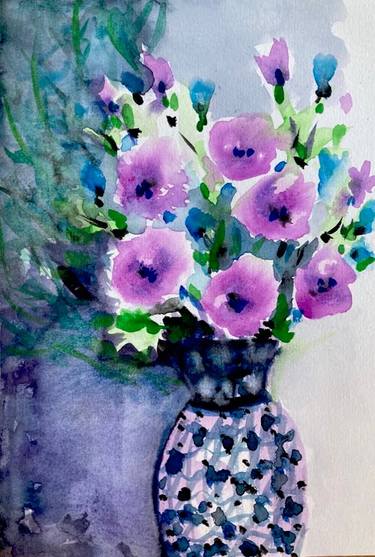 Purple flowers in a blue vase Watercolor paper Impressionism decor thumb