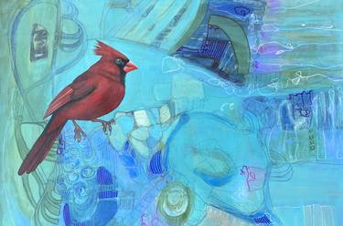 Red Cardinal Bird Original oil painting on canvas board 5x7