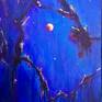 Blue blood moon on a rainy night.  The image displayed is lighted.

I like acrylics for the versatility of adding layers of color and the spontaneity I get because of the quick drying time.