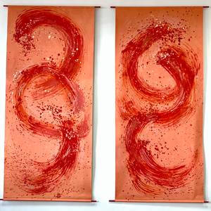 Pair of coral canvas scrolls (I & II)