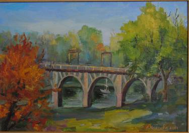 Bridge in autumn. Original oil painting thumb