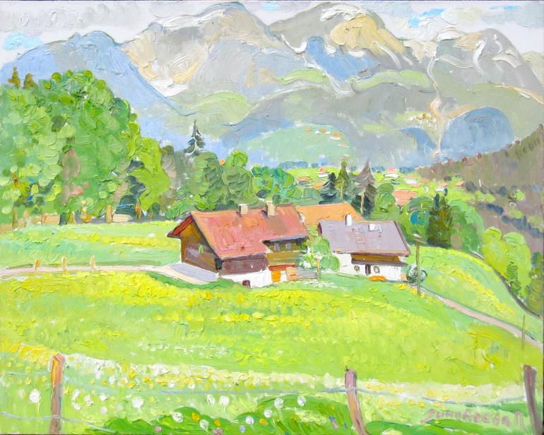 Original Landscape Painting by Polina Zinoveeva | Impressionism Art on Canvas | A Farm in the Alps