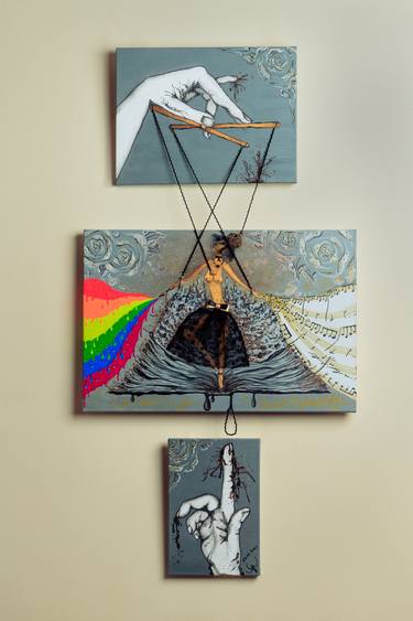 Weaving Immortality, 3D psychedelic philosophical triptych with pearls and gemstones by Anait thumb