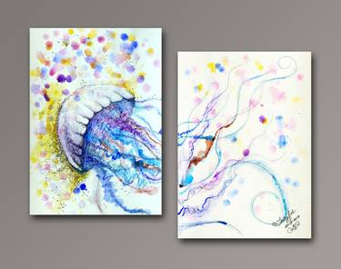 Jelly Fish , asymmetrical marine watercolor diptych by Anait thumb