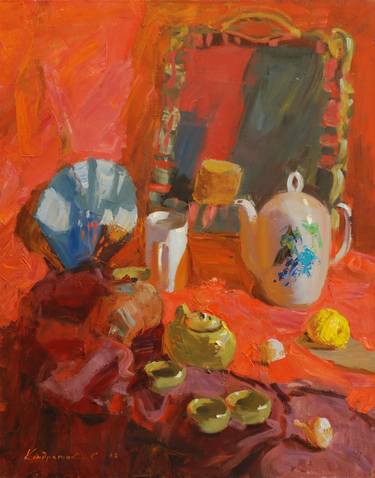 still life with a teapot on a red cloth thumb
