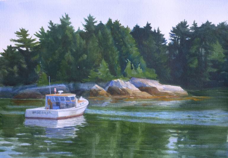 Maine Art Signed Print Franz Original Charcoal Painting Lobster Boat by G.J 