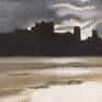 I was inspired to paint this view of the castle for two reasons, 1. the light, and 2. the beautiful Northumberland coastline in UK. Together with the brooding silhouette of the massive castle (you need to visit it to appreciate it) the gloaming on the deserted beach made for such a powerful, moody piece who could resist?
The dark frame I deliberately chose-I normally go for a neutral light colour)-adds to the presence of the artwork which punches above its weight in terms of its size.
