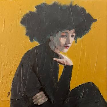Female with Afro Hair, Sitting Young Woman Dressed in Black thumb