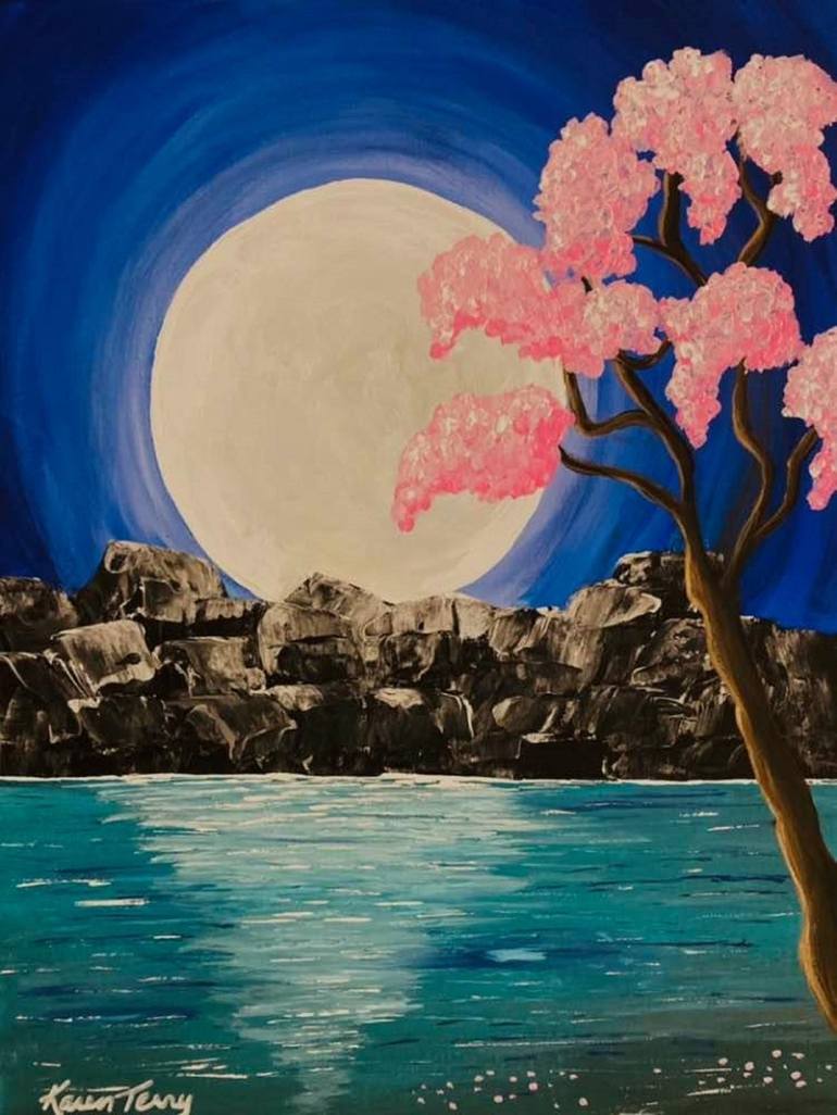 Original Acrylic Painting on Canvas Blooming Tree Moonlight Wall