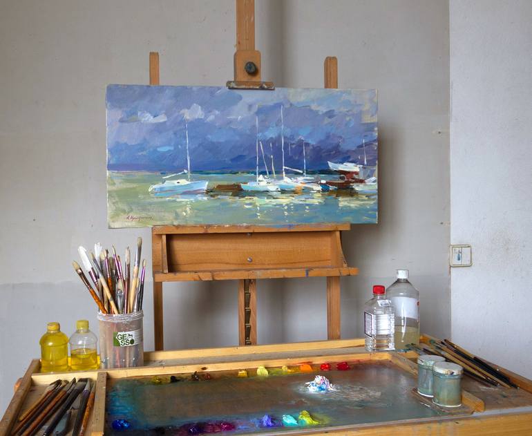 Original Impressionism Yacht Painting by Aleksandr Kryushyn