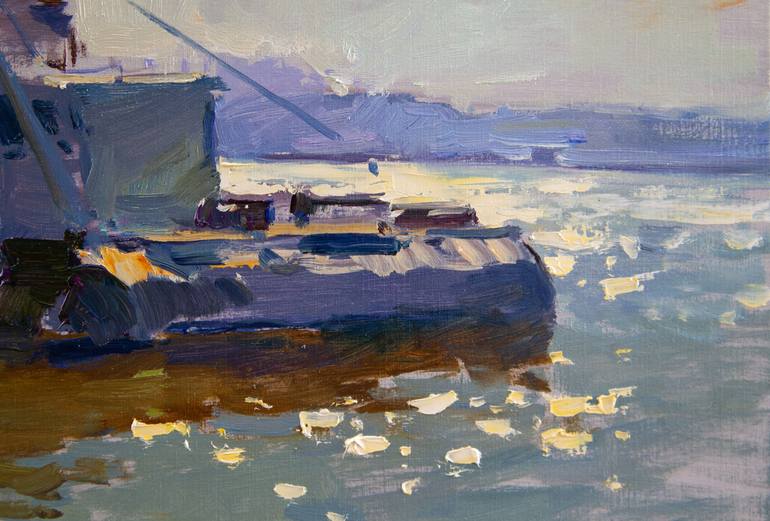 Original Impressionism Boat Painting by Aleksandr Kryushyn
