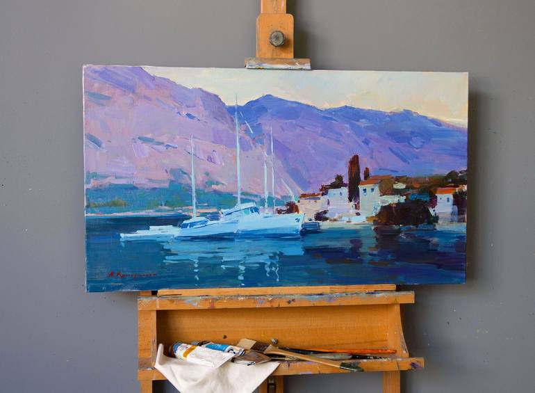 Original Impressionism Yacht Painting by Aleksandr Kryushyn