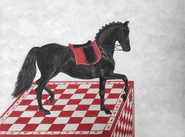 Black horse on a red chessboard thumb