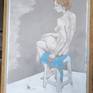 Real view of the drawing "Linute on a white plastic stool".