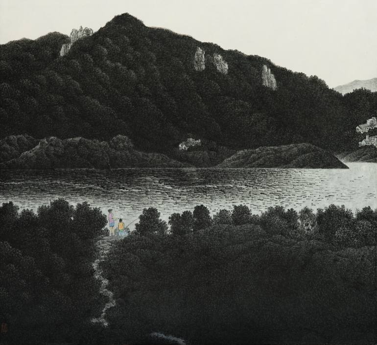 Original Landscape Painting by Ryu Hoimin | Black & White Art on Paper | A Summer Day's Play
