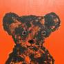 Vibrant painting of a soulful teddy painted on wood over a background of  thick orange paint
Framed in an attractive black wooden frame
The human- bear bond is still going strong. Apparently bears help us handle stress.