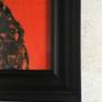 Vibrant painting of a soulful teddy painted on wood over a background of  thick orange paint
Framed in an attractive black wooden frame
The human- bear bond is still going strong. Apparently bears help us handle stress.