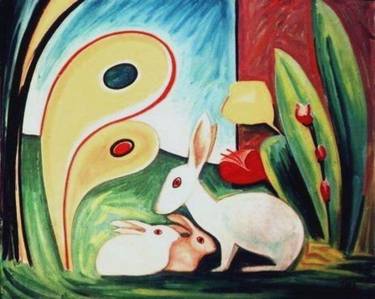 Rabbits in the forest. Oil on canvas. thumb