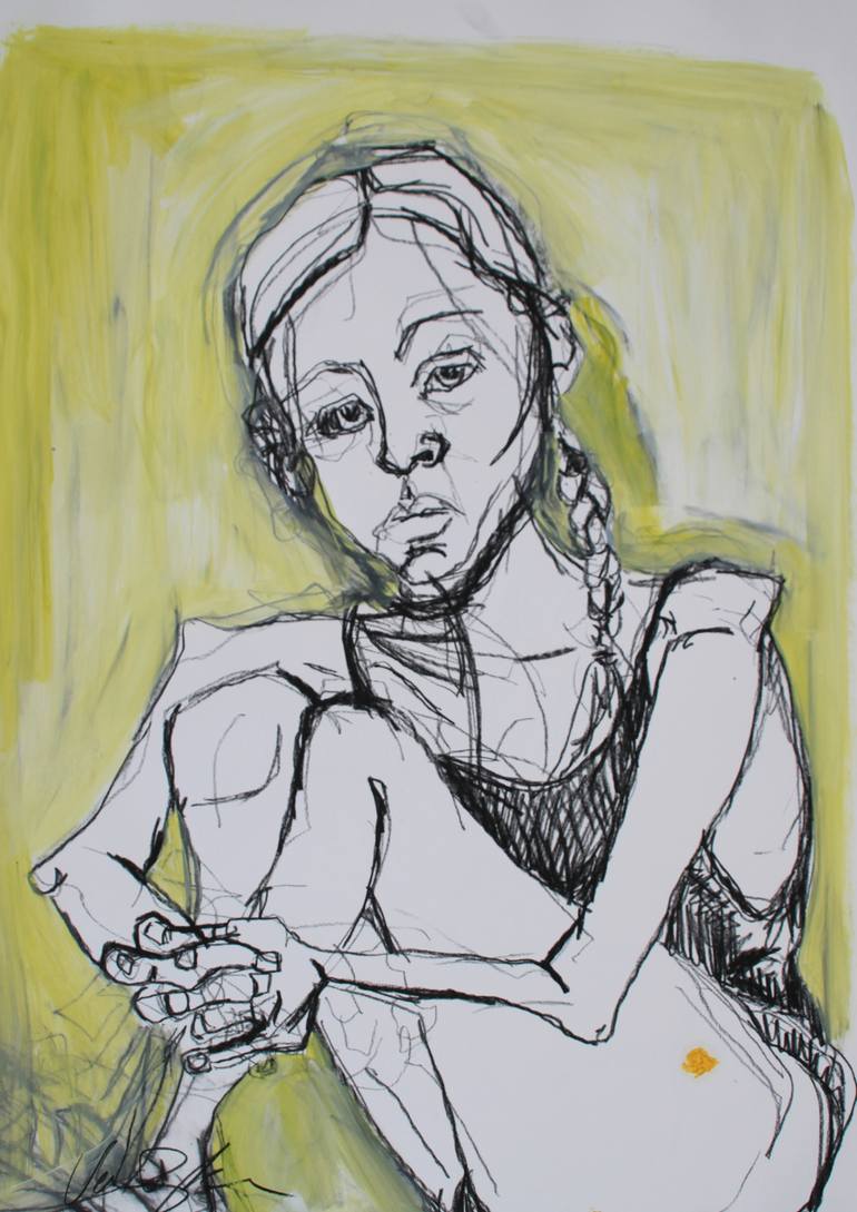 self portrait with swimsuit on yellow background Drawing by Rachael Van  Dyke | Saatchi Art