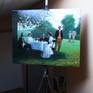 This is a painting of an Edwardian era garden party.  It depicts a group of well dressed individuals, seated and standing, enjoying a relaxed garden luncheon in high summer.