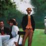 This is a painting of an Edwardian era garden party.  It depicts a group of well dressed individuals, seated and standing, enjoying a relaxed garden luncheon in high summer.