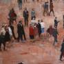 This is a painting inspired by the sight of a large gathering of people, viewed from an elevated position. The people are viewed against a warm coloured gravel ground, which affords a uniformity to the nature of the shapes formed by the people against the negative space of the background.
The paint handling is bordering of loose and expressionistic but the shapes, values and forms are all based on a realistic interpretation of the motif.