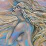 A mermaid sleeps among the fish in a coral reef. I wanted to do this vision with the colors of a sunrise.