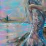 This lovely mermaid rests on the edge of the bay at dusk as the lighthouse shines in the distance