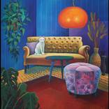 The yellow couch with white cat by Akos Barnabas Marton