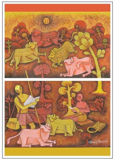 Print of Cows Paintings by Chandru S Hiremath