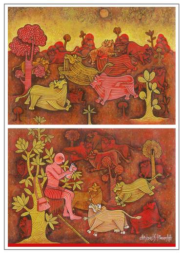 Print of Cows Paintings by Chandru S Hiremath