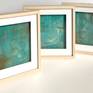 This series of paintings was created with cold wax medium and oil paint on paper. The pieces are 9 x 9 inches, framed with shadow-box mat with anti-reflective glass. Each features a number from 1 to 6, and hexagons are combined with intersecting circles. The colors are shades of teal, turquoise, blue, green, gold, copper, orange and verdigris.