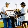 Artist David Pucciarelli Presenting Hall of Fame Pitcher, Goose Gossage With Original Art Works By David At The Annual Mickey mantle Baseball Classic, Mantle Filed, Commercer OKlahoma