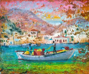 Original Figurative Boat Paintings by Eleni Chryssomalakou