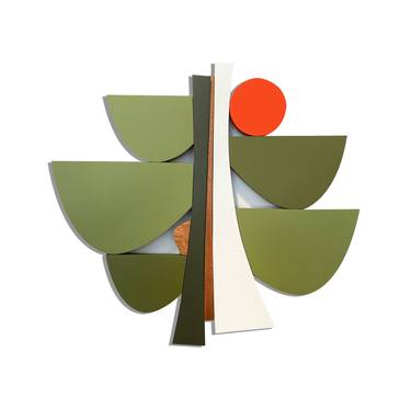 "Conifer" wood wall sculpture green orange, white mid century thumb